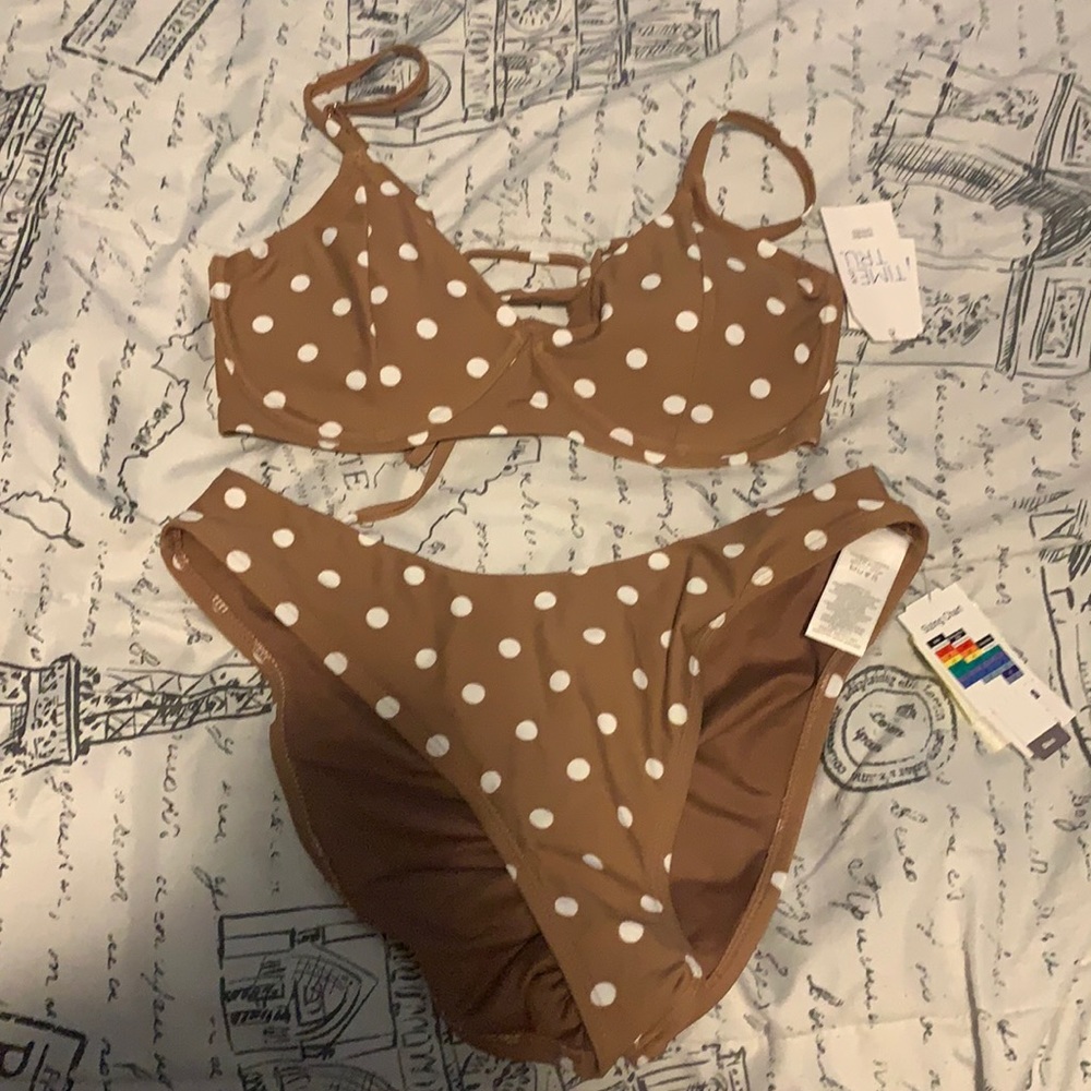 Brown and white polka dot bikini